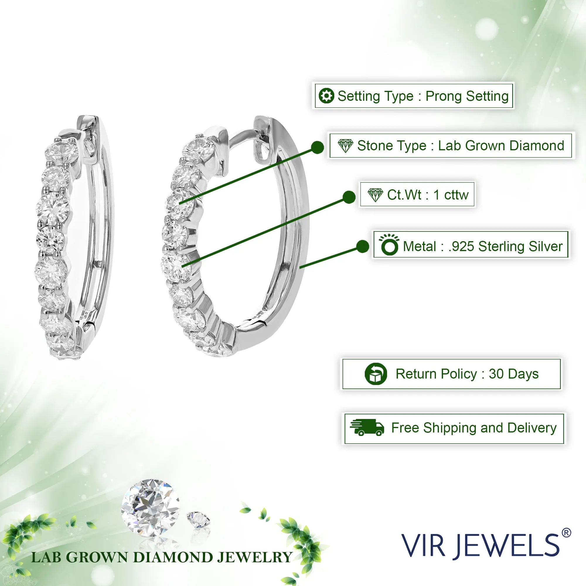 1 cttw 18 Stones Round Lab Grown Diamond Hoop Earrings .925 Sterling Silver Prong Set 1 Inch