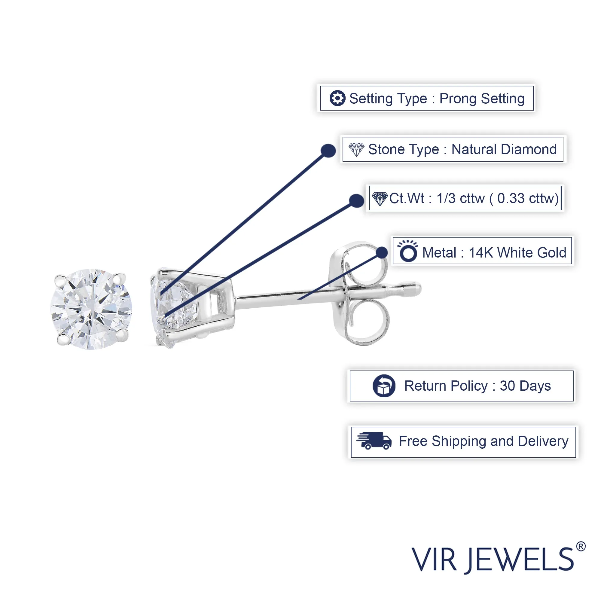 1/3 cttw Diamond Stud Earrings 14K White Gold Push Backs Round 4 Prong Basket