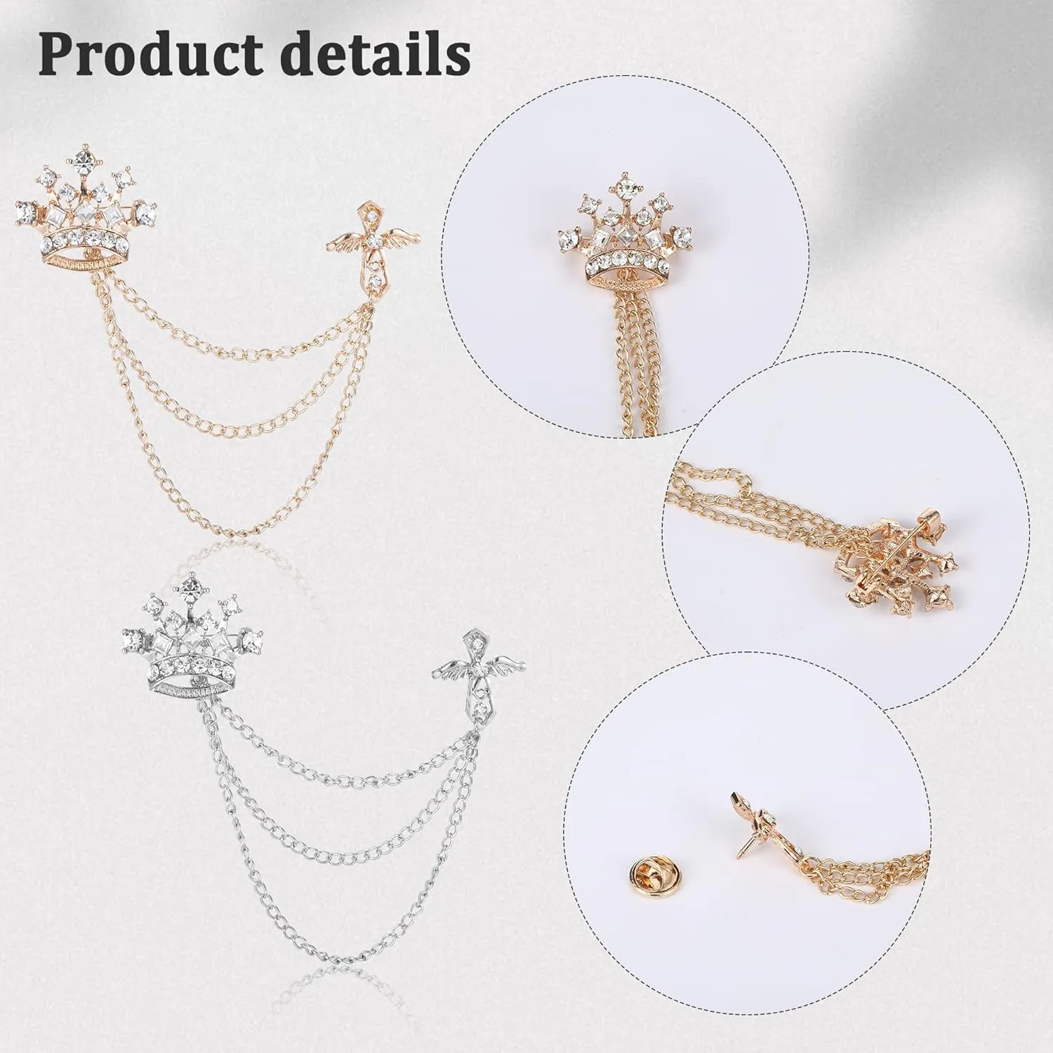 2 Pcs Crown Pins, Suit Accessories Men, Lapel Pin for Men, Brooch Pin, Suit Chain for Men, Suit Pins for Men, Crown Brooch Pin, Chain Brooch, Tuxedo Accessories Men, Wedding Brooch Pin (Gold & Silver)
