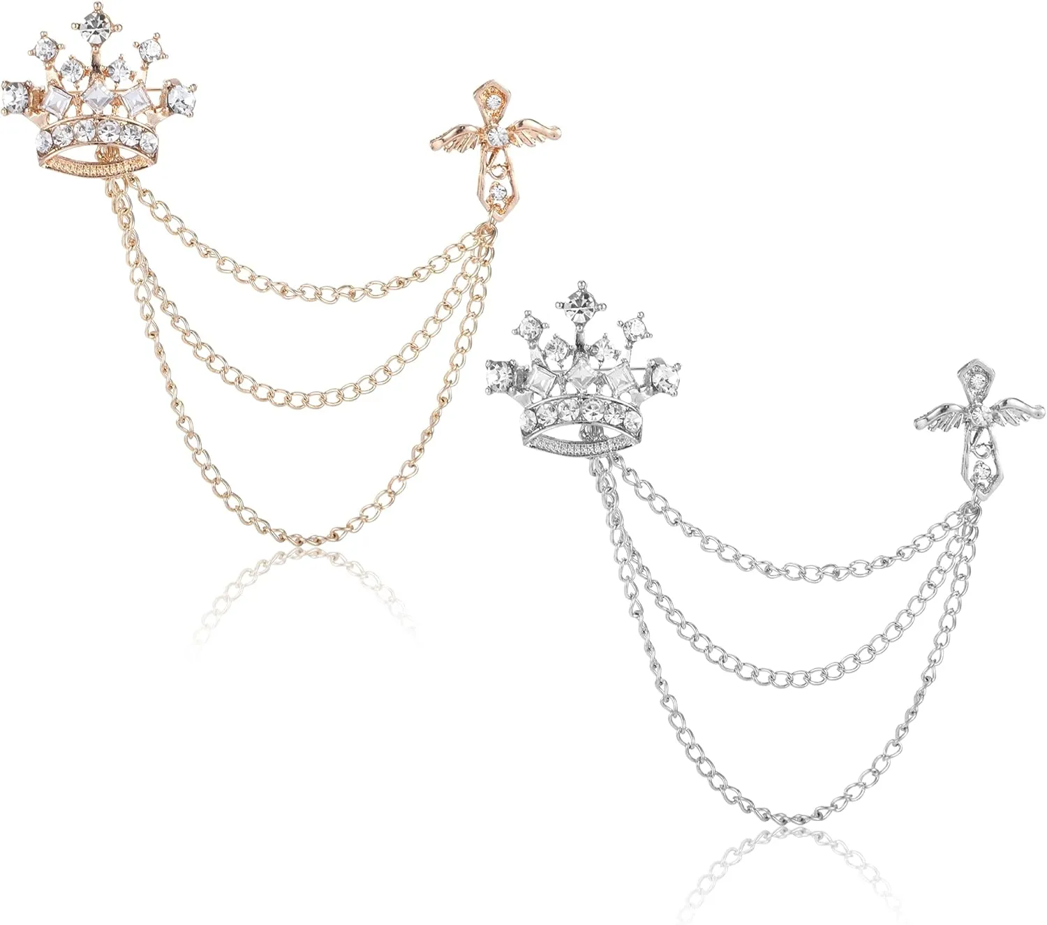 2 Pcs Crown Pins, Suit Accessories Men, Lapel Pin for Men, Brooch Pin, Suit Chain for Men, Suit Pins for Men, Crown Brooch Pin, Chain Brooch, Tuxedo Accessories Men, Wedding Brooch Pin (Gold & Silver)