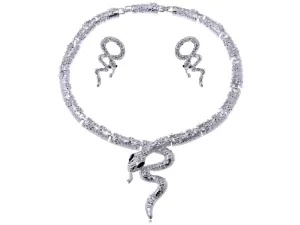 Alilang Serpent Snake Tongue Hiss Silvery Tone Crystal Rhinestone Necklace Earring Set