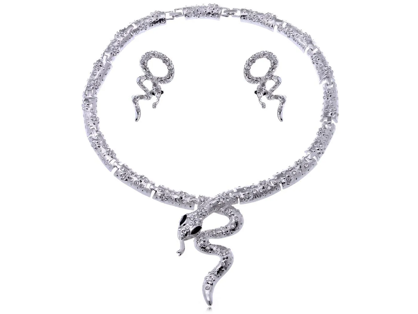 Alilang Serpent Snake Tongue Hiss Silvery Tone Crystal Rhinestone Necklace Earring Set