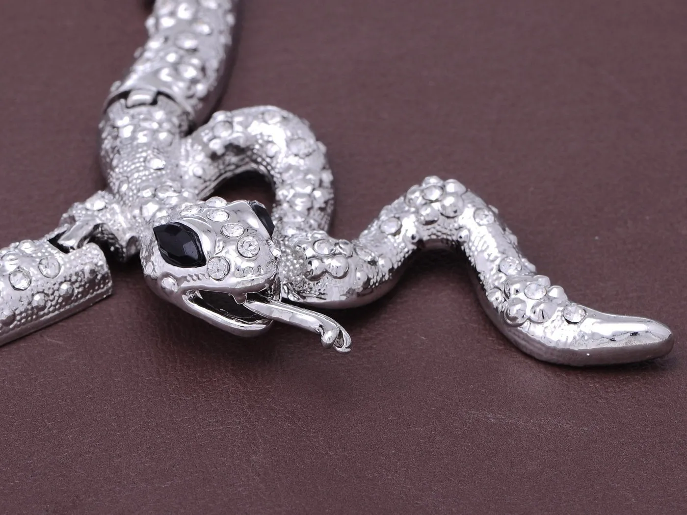 Alilang Serpent Snake Tongue Hiss Silvery Tone Crystal Rhinestone Necklace Earring Set