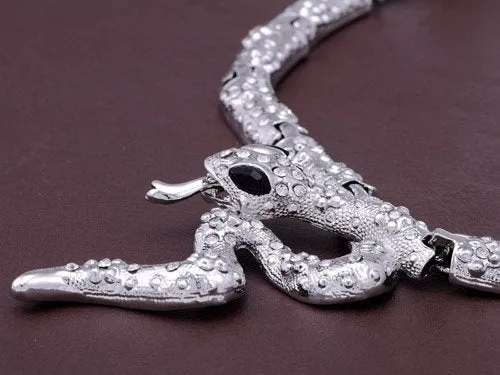 Alilang Serpent Snake Tongue Hiss Silvery Tone Crystal Rhinestone Necklace Earring Set
