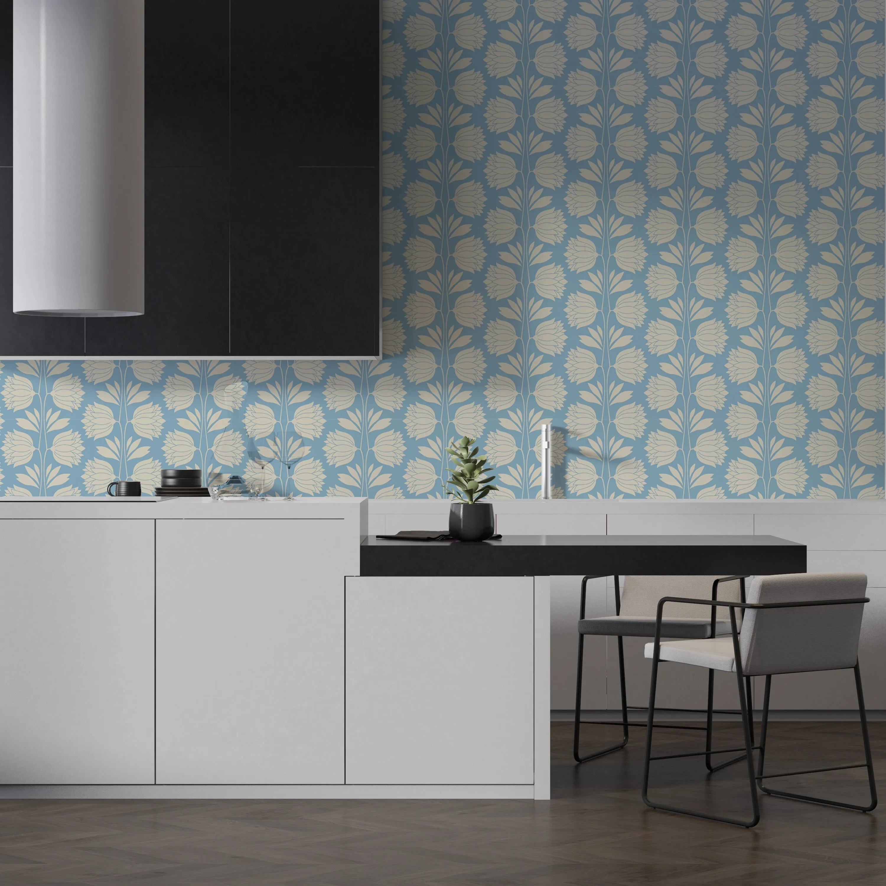 Blue Floral Vintage Wallpaper – Elegant Cream Flower Pattern