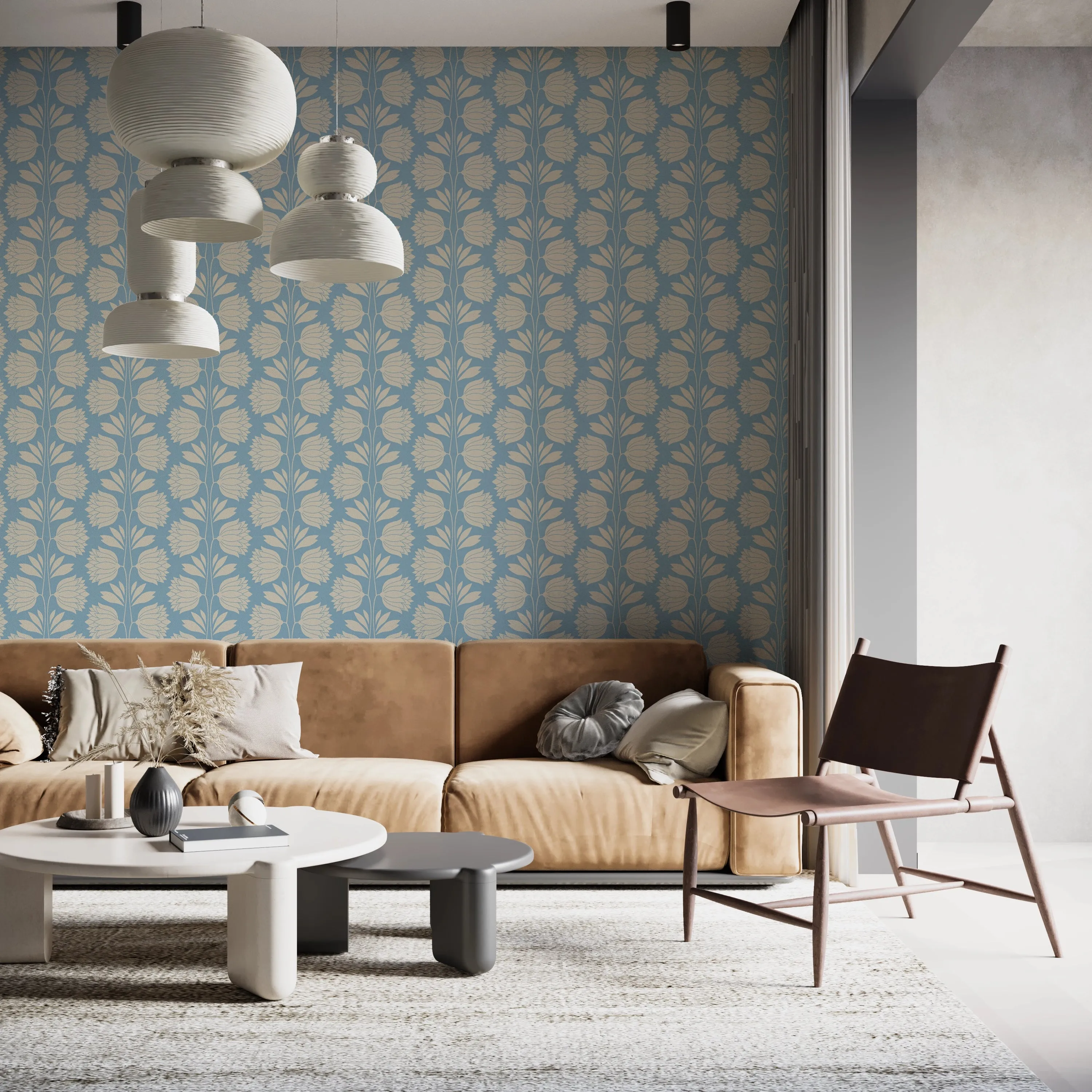 Blue Floral Vintage Wallpaper – Elegant Cream Flower Pattern