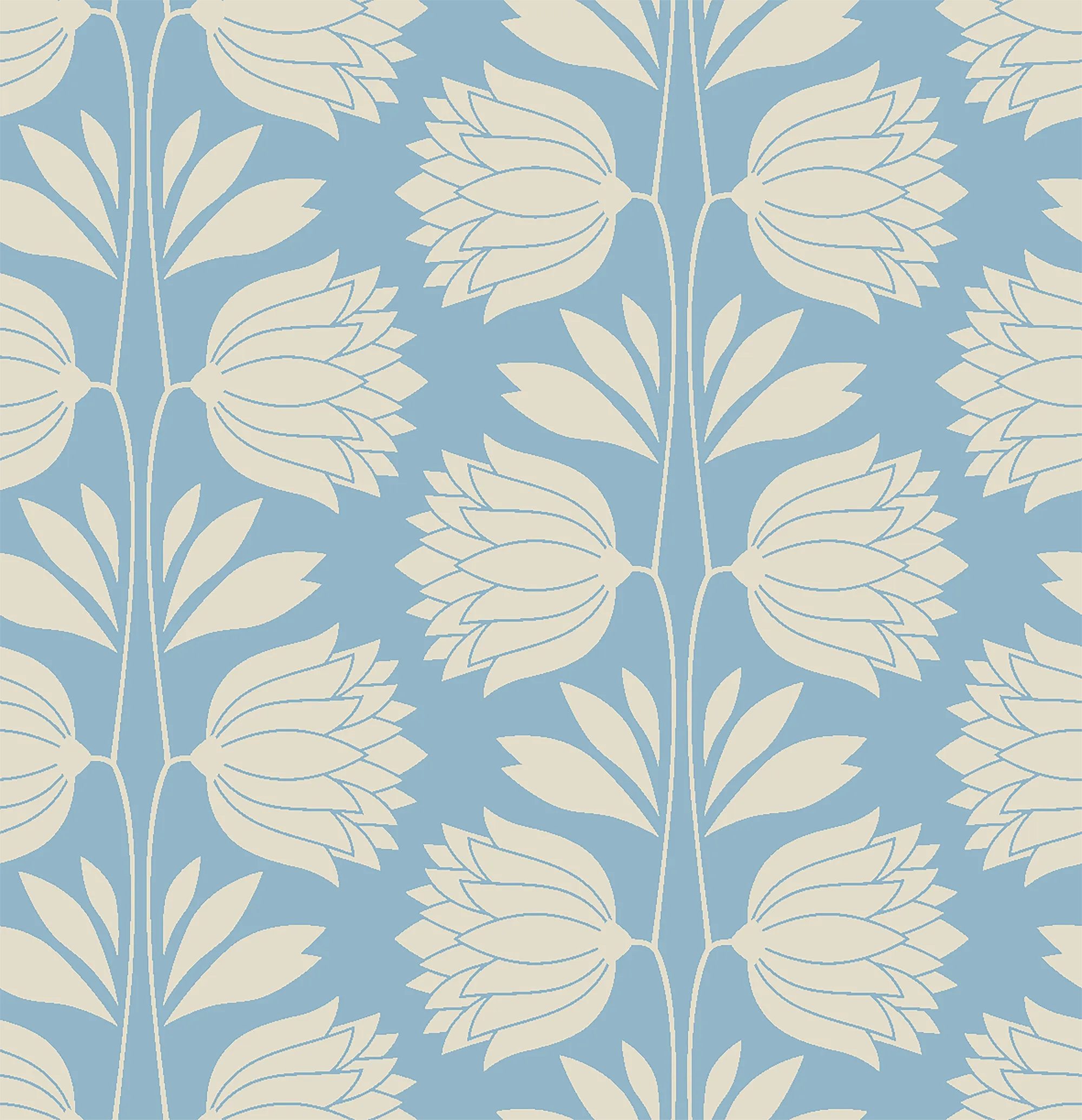 Blue Floral Vintage Wallpaper – Elegant Cream Flower Pattern