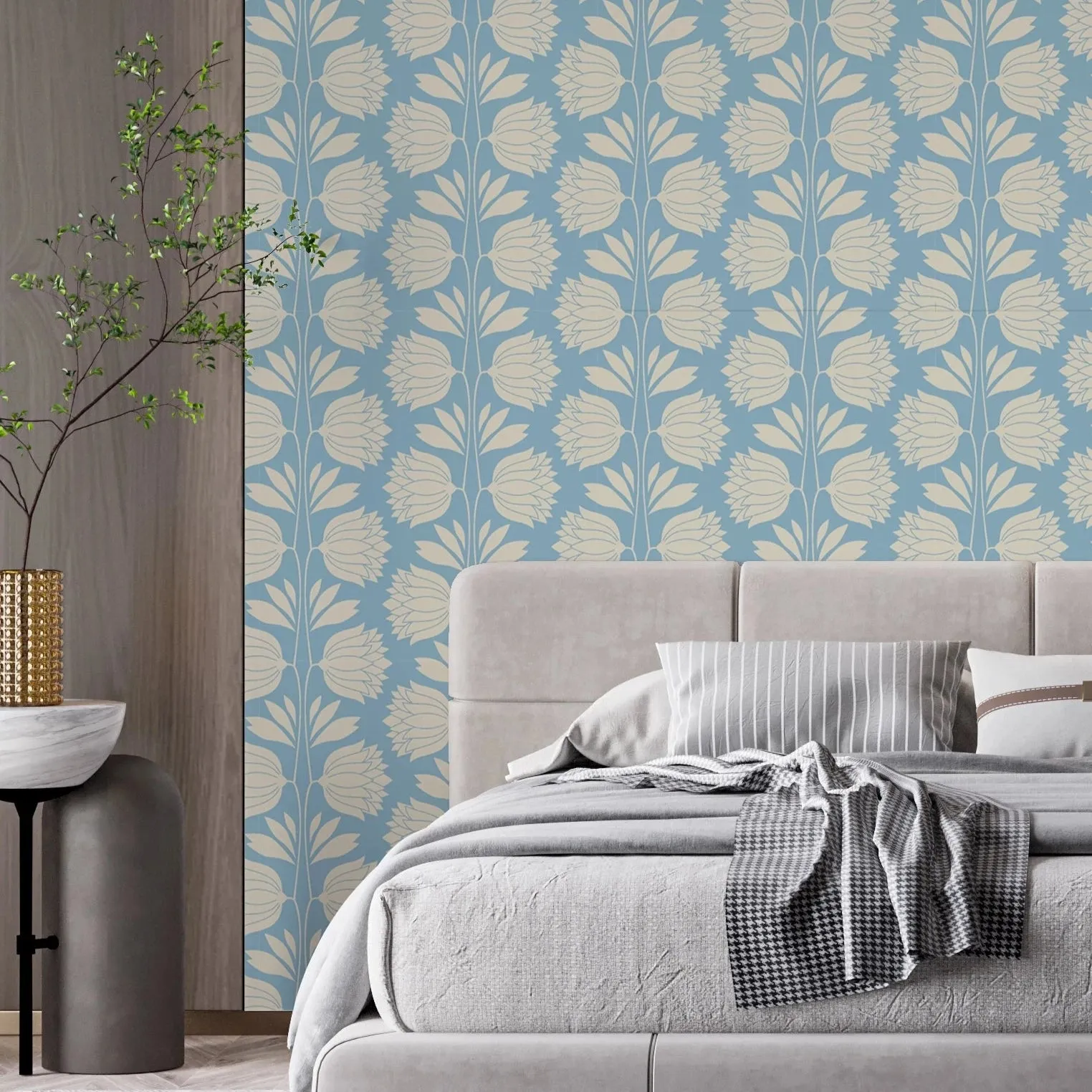 Blue Floral Vintage Wallpaper – Elegant Cream Flower Pattern
