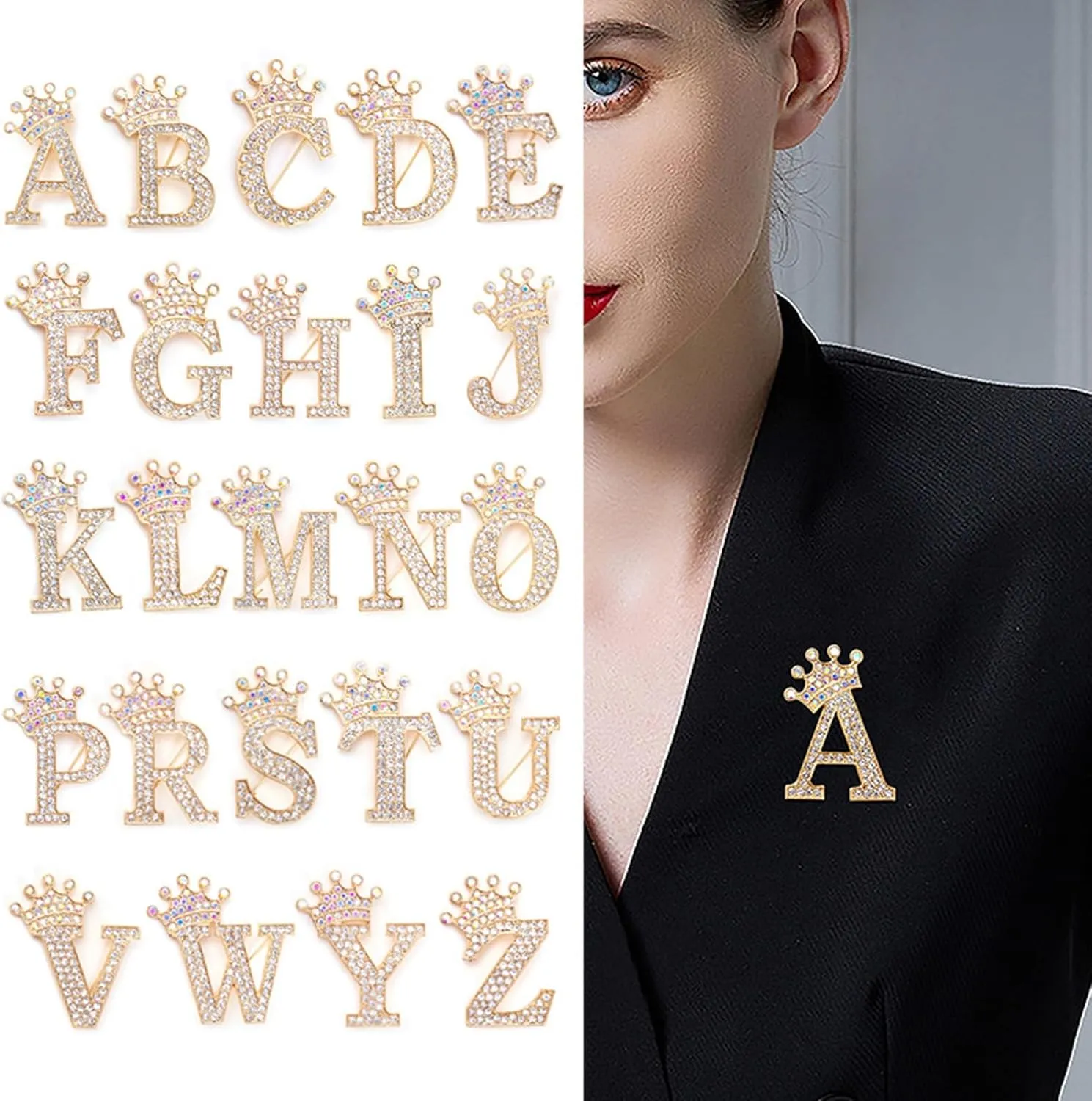 Brooches Pins for Women Crown Initial Brooch Pins Letter Brooch Pins Charms for Socks Rhinestone Lapel Pin for Clothes Hat Bags Fashion Jewelry for Women