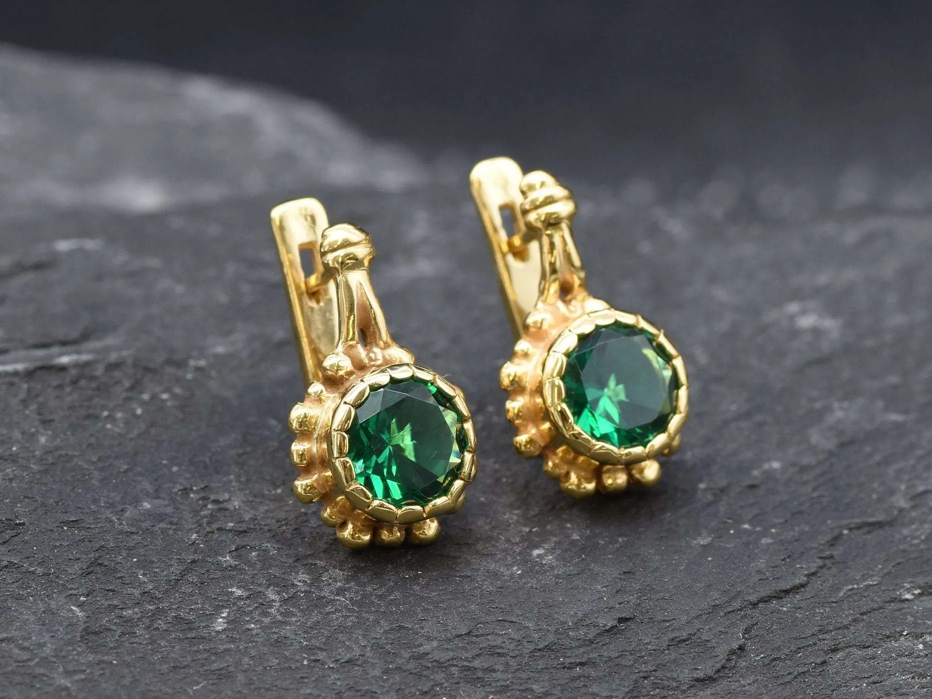 Gold Emerald Earrings - Gold Green Earrings, Round Green Earrings