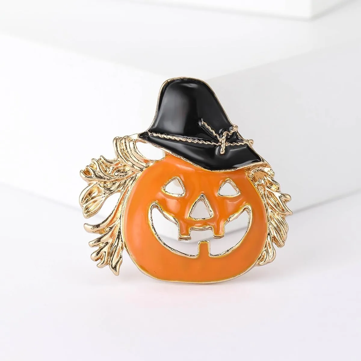 Halloween Pumpkin Brooches Women Yellow Metal Crystal Enamel Pin Plant Brooch