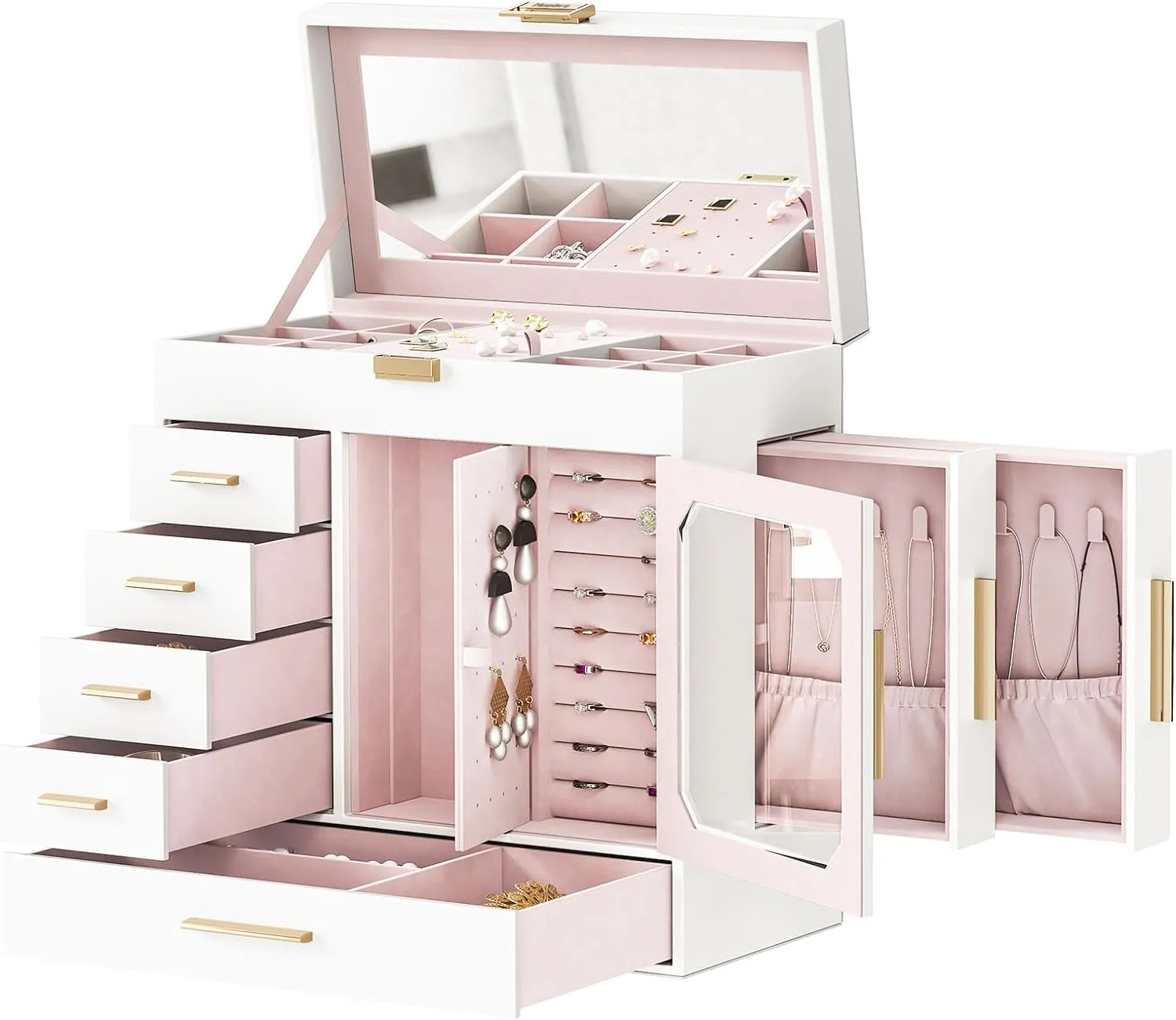 HOOBRO Jewelry Box with Mirror, Jewelry Organizer Box with Capacious Storage Space, Jewelry Holder Organizer, Hand-Held Jewelry Case, Gift for Loved Ones, Modern Style, White and Light Gold WT06JB04G1
