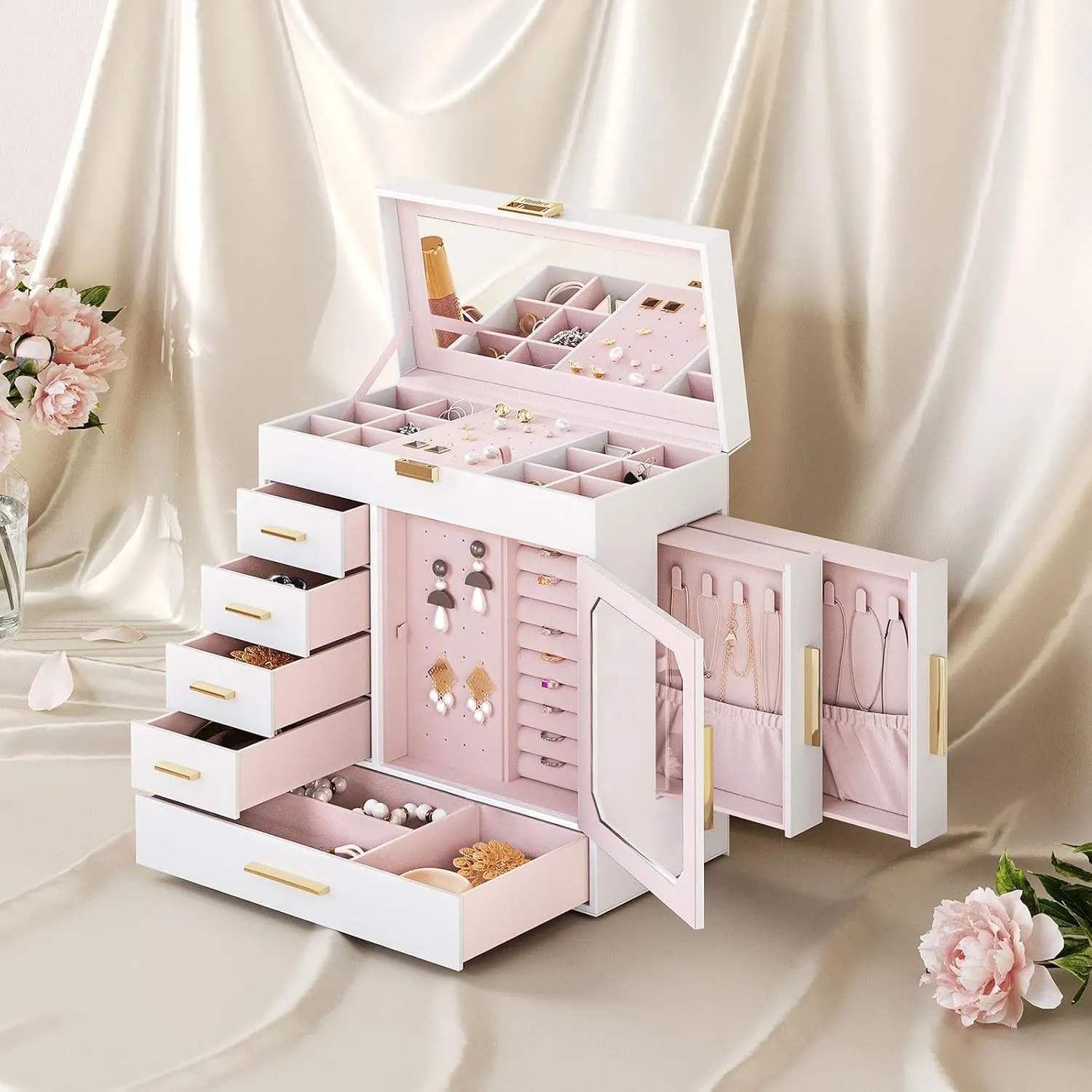 HOOBRO Jewelry Box with Mirror, Jewelry Organizer Box with Capacious Storage Space, Jewelry Holder Organizer, Hand-Held Jewelry Case, Gift for Loved Ones, Modern Style, White and Light Gold WT06JB04G1
