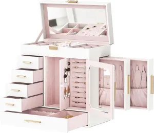 HOOBRO Jewelry Box with Mirror, Jewelry Organizer Box with Capacious Storage Space, Jewelry Holder Organizer, Hand-Held Jewelry Case, Gift for Loved Ones, Modern Style, White and Light Gold WT06JB04G1