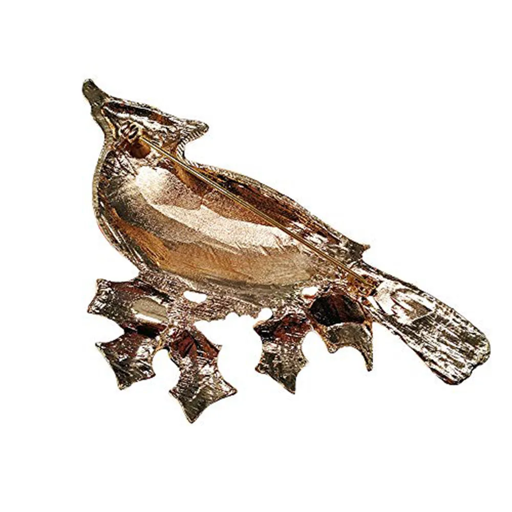 Large Gold Tone Northern Cardinal Brooch With Red Color Crystal Rhinestone Bird Brooches Pins