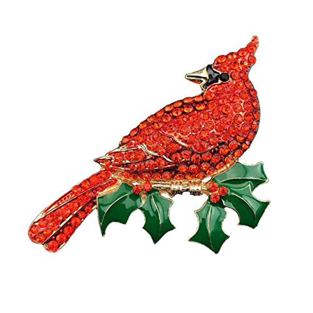 Large Gold Tone Northern Cardinal Brooch With Red Color Crystal Rhinestone Bird Brooches Pins