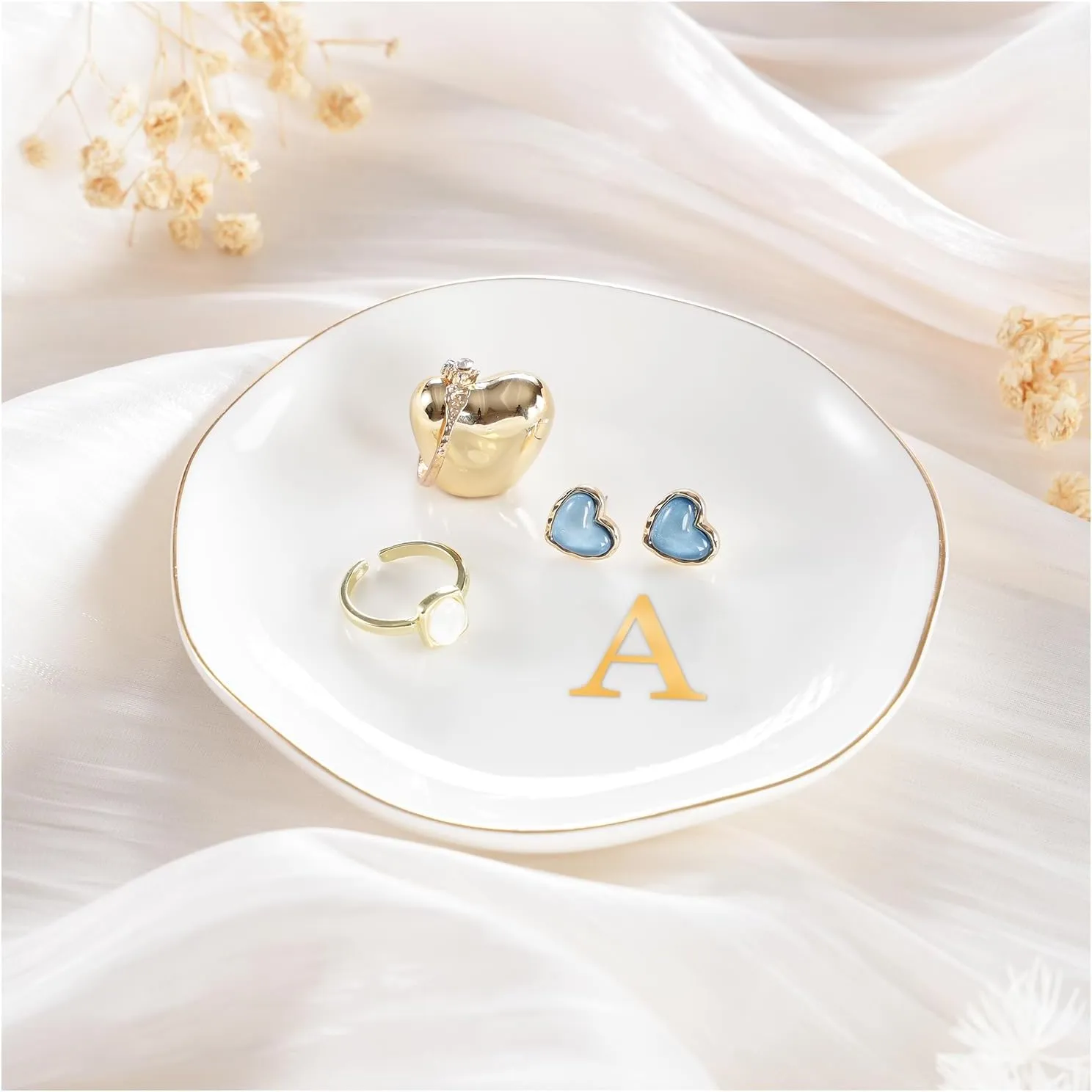 Lolalet Ceramic Jewelry Tray, Initial Engagement Ring Dish Trinket Plate 4.52" Personalized Monogrammed Bowl, Birthday for Women -A