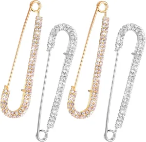 Yolev 4 Pcs Rhinestone Safety Pins for Women: Decorative Brooch Pins, Sweater Shawl Clips, Shiny Silver & Gold, Modern Style